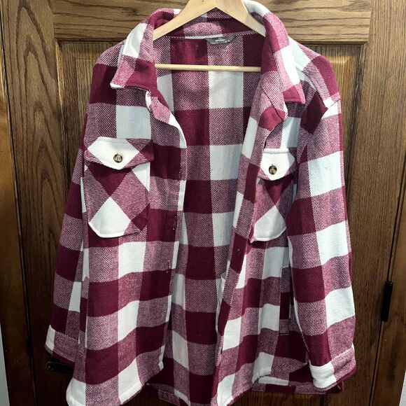 Plaid Flannel Shacket Pink White Cozy Winter Layering Coat Button Up women's 2XL - Picture 8 of 8